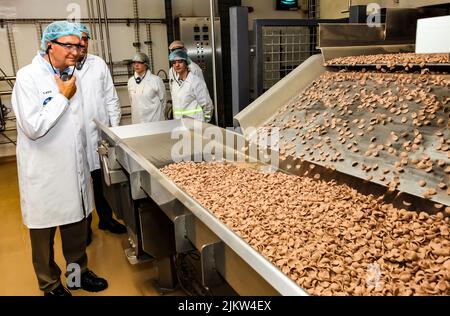 Johannesburg, Sudafrica - 18 settembre 2013: Tecnici di tecnologia alimentare che controllano le linee di produzione nella fabbrica alimentare di cereali Foto Stock