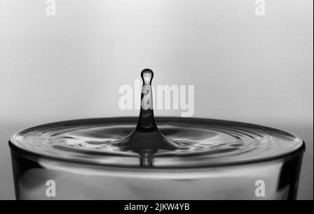 Un colpo in bianco e nero di un getto d'acqua in una tazza di vetro su uno sfondo sfocato Foto Stock