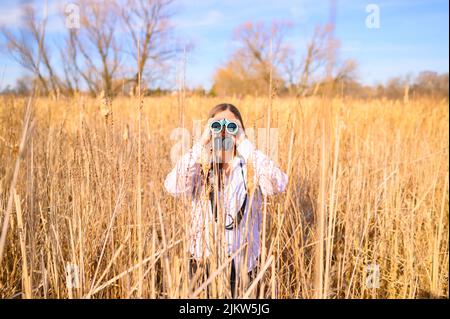 Profilo di una donna che guarda al fianco attraverso binocoli blu in piedi in un campo di code di gatto in una palude durante il giorno. Foto Stock