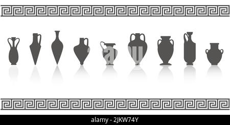 Silhouette di vasi greci. Anfore antiche e pentole glifo illustrazione. Terracotta di ceramica di argilla. Vettore. Illustrazione Vettoriale