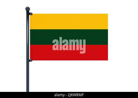 3D illustrazione della bandiera lituana con asta di bandiera cromata con ganci a scatto in cielo blu dritto. Sfondo bianco attraverso un canale alfa di grande precis Foto Stock