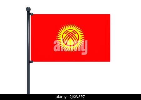 3D illustrazione della bandiera del Kirghizistan con asta di bandiera cromata con ganci a scatto in cielo blu diritto. Sfondo bianco attraverso un canale alfa di grande preci Foto Stock