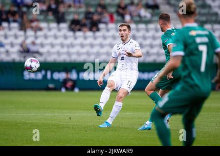 Viborg, Danimarca. 03rd ago 2022. Benjamin Heinesen (11) di B36 Torshavn visto durante la partita di qualificazione della UEFA Europa Conference League tra Viborg FF e B36 Torshavn all'Energi Viborg Arena di Viborg. (Photo Credit: Gonzales Photo/Alamy Live News Foto Stock