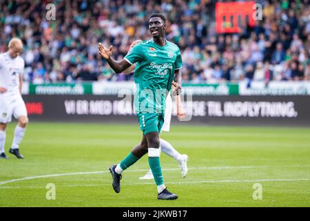 Viborg, Danimarca. 03rd ago 2022. Marokhy Ndione (9) di Viborg FF visto durante la partita di qualificazione della UEFA Europa Conference League tra Viborg FF e B36 Torshavn all'Energi Viborg Arena di Viborg. (Photo Credit: Gonzales Photo/Alamy Live News Foto Stock