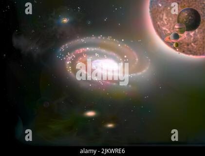 Via Lattea al centro e scala di stelle diverse (Dwarf Rosso, Sole.) Sulla destra. Foto Stock