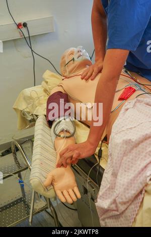 Gli studenti anestesiologi durante un esercizio di rianimazione in una situazione critica presso la Facoltà di Medicina di Nimes. Gli studenti si allenano su un simulatore robot SIM Man 3 G. Foto Stock