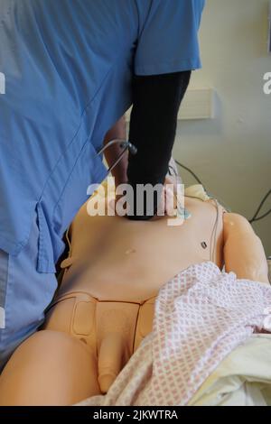 Gli studenti anestesiologi durante un esercizio di rianimazione in una situazione critica presso la Facoltà di Medicina di Nimes. Gli studenti si allenano su un simulatore robot SIM Man 3 G. Foto Stock