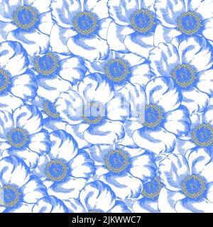 Motivo floreale blu retrò senza cuciture, motivo floreale a margherita Foto Stock