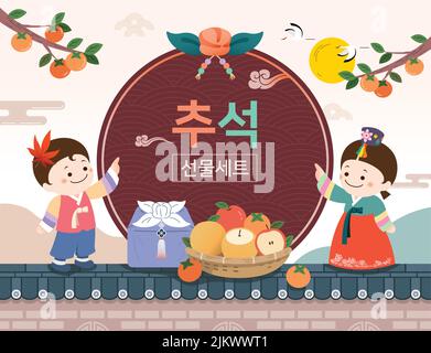 Design dell'evento Korean Thanksgiving Day. Bambini in hanbok, regali tradizionali. Giorno del ringraziamento, set regalo, traduzione coreana. Illustrazione Vettoriale