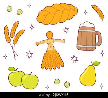 Lughnasadh (Lammaas) tradizionale festa del raccolto festa di festa dodle set. Pane, birra, frutta, mais di grano Dolly. Disegno carino del cartone animato, arte di clip vettoriale i Illustrazione Vettoriale