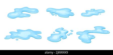 Set di pozzanghere d'acqua, in stile cartoon liquido. Goccia isolata su sfondo bianco. Blu split, spruzzi sul pavimento. Illustrazione vettoriale. Illustrazione Vettoriale