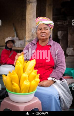 Un colpo verticale di una anziana signora Balinese in rosso che vende mais giallo brillante a Bali, Indonesia Foto Stock