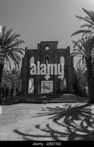 Uno scatto verticale dell'ingresso della chiesa circondato da palme nel comune di la Ligua in bianco e nero Foto Stock