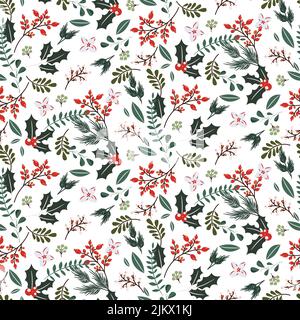Rami di albero di Natale e bacche senza cuciture modello. Vacanze invernali bianco sfondo wrap design carta. Illustrazione Vettoriale