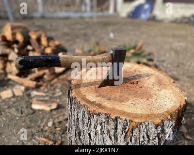 Una vecchia ascia con manico di legno incollata in un tronco di legno Foto Stock