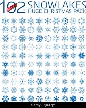 102 abstract fiocchi di neve di Natale. Enorme icon set isolato su bianco Illustrazione Vettoriale