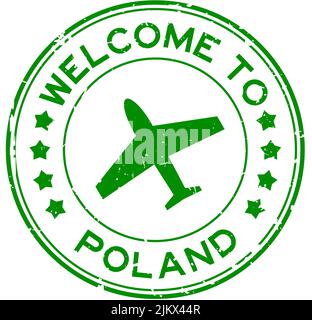 Grunge verde benvenuto in Polonia parola con icona aeroplano rotondo sigillo di gomma timbro su sfondo bianco Illustrazione Vettoriale