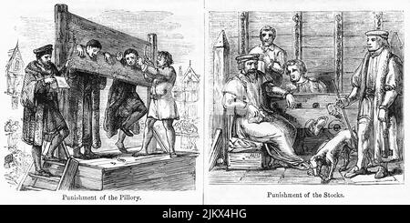 Punizione del pilastro, punizione delle azioni, illustrazione dal libro, 'John Cassel’s Illustrated History of England, Volume II', testo di William Howitt, Cassell, Petter, and Galpin, Londra, 1858 Foto Stock