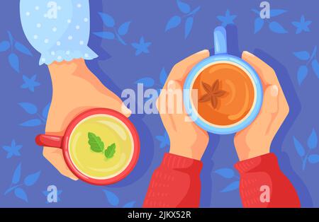 Vista dall'alto delle coppe delle mani. Conversazione con tè condiviso, mano con caffè o tazza di bevanda calda, braccio che tiene teacup sulla riunione d'amore, Time Friend sostegno caffè mattina, pulito vettore illustrazione su blu Illustrazione Vettoriale