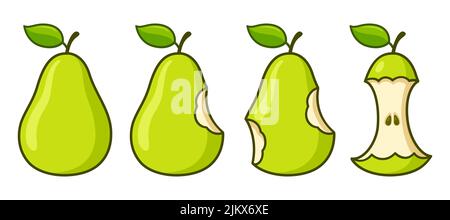 Cartoon pera mangiare set. Intero, morso mancante e nucleo di sinistra. Illustrazione grafica del clip vettoriale isolato. Illustrazione Vettoriale