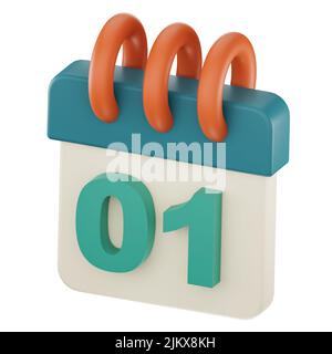 Icona piano calendario giornaliero con numero ''01'' isolato, rappresentazione 3D, illustrazione 3D. Foto Stock