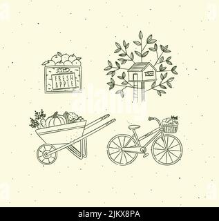Collezione villaggio di icone crata di mele, treehouse, carrello di verdure, disegno in bicicletta in stile grafico su sfondo beige Illustrazione Vettoriale