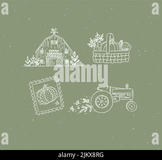 Collezione villaggio di icone fienile, cesto di verdure, timbro, disegno trattore in stile grafico su sfondo verde Illustrazione Vettoriale
