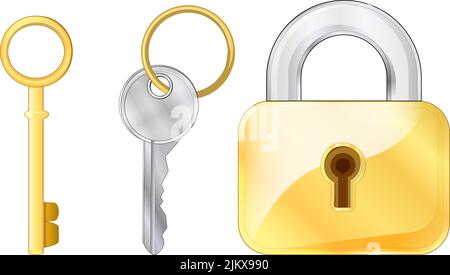 serratura e mazzo di chiavi. Metallo d'argento e d'oro realistico. Chiavi vecchie e moderne il concetto di privacy, sicurezza e protezione, casa o appartamento Illustrazione Vettoriale