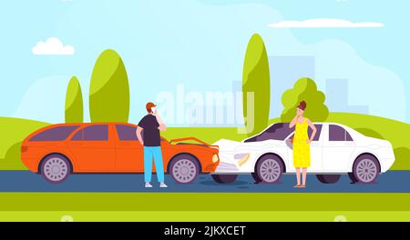 Due incidenti auto. Città incidente scena collisione 2 auto scena, danni strada auto traffico assicurazione caso veicolo perdita guasto conducente chiamare telefono, splendida illustrazione vettoriale di incidente strada Illustrazione Vettoriale