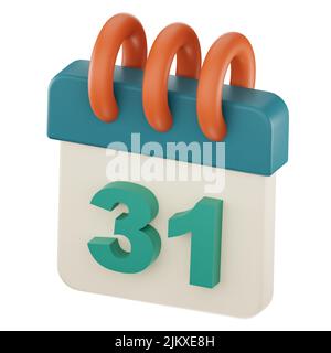 Icona piano calendario giornaliero con numero ''31'' isolato, rappresentazione 3D, illustrazione 3D. Foto Stock