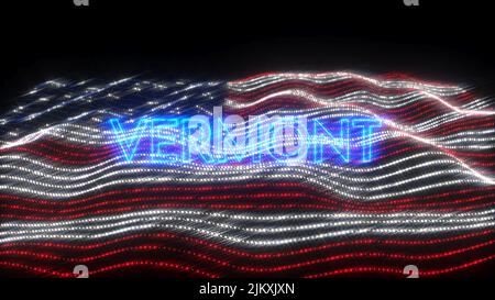 Una rappresentazione del vermont dello stato degli Stati Uniti nel 3D in lettere al neon con uno sfondo scuro sulla bandiera degli Stati Uniti Foto Stock