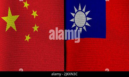 Bandiere di Cina e Taiwan su tessuto piegato. Concetto di relazioni politiche e di tensione tra le due entità. Foto Stock