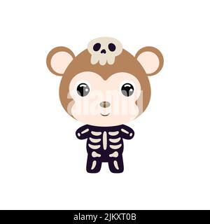 Simpatica scimmia di Halloween in un costume da scheletro. Personaggio animale cartoon per i bambini t-shirt, decorazione di stanza dei bambini, baby shower, biglietto d'auguri, invita Illustrazione Vettoriale