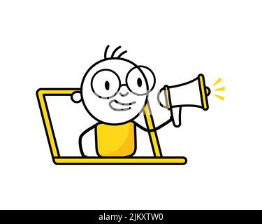 L'uomo guarda fuori attraverso uno schermo del laptop e annuncia qualcosa in un megafono nella sua mano. Business online e il concetto di marketing. Illustrazione dello stock vettoriale Illustrazione Vettoriale