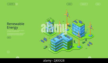 Pagina di destinazione isometrica per le energie rinnovabili. Energia pulita, fonti di energia ecologicamente alternativa verde, stazione meteorologica con mulini a vento e pannelli solari, eco città 3D vettore linea arte banner web Illustrazione Vettoriale