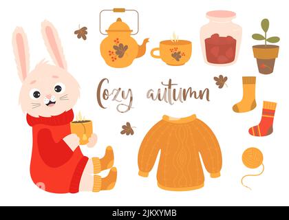 Set vettoriale di autunno accogliente. Coniglio carino con tazza di tè caldo, vestiti a maglia, teiera, marmellata di fragole, un flowerpot interno e palla di filo. Vettore il Illustrazione Vettoriale