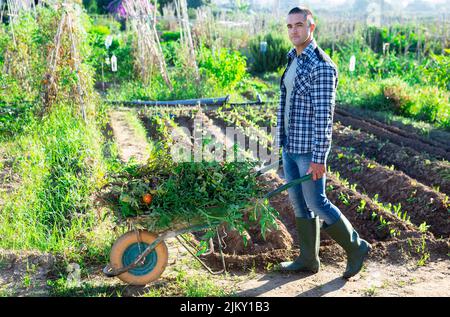 Giovane uomo giardiniere che spinge carriola in giardino Foto Stock