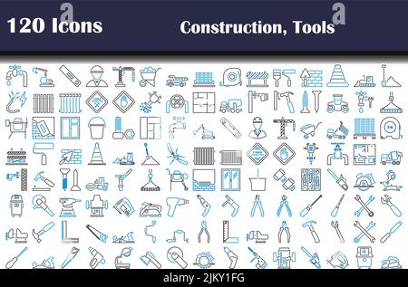 120 icone di costruzione, attrezzi. Contorno grassetto modificabile con disegno di riempimento a colori. Illustrazione vettoriale. Illustrazione Vettoriale