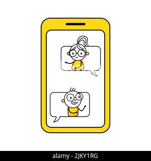 L'uomo e la donna sono sguardi dalle bolle di chiacchierata e parlano a vicenda. Comunicazione e concetto di social media. Illustrazione dello stock vettoriale. Illustrazione Vettoriale