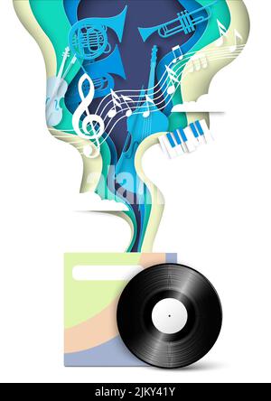 Sfondo musicale astratto con disco vinilico e note, strumento musicale, vettore acuti clef in carta taglio arte illustrazione stile artigianale. Concer musicista Illustrazione Vettoriale