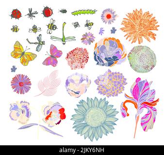 Set di cute fiori disegnati a mano e set di insetti.. Illustrazione vettoriale Illustrazione Vettoriale