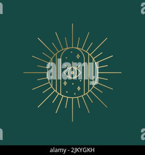 Logo spirituale boho. Emblema del sole con stelle e occhi. Elemento di disegno vettoriale per temi magici, esoterici, celesti, astrologici e altri. Illustrazione Vettoriale