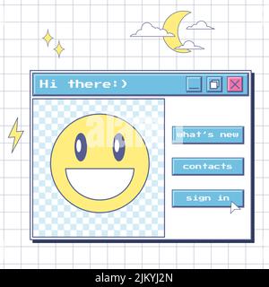 Finestra di benvenuto con un sorriso e pulsanti. Estetica dell'interfaccia utente di un vecchio computer. Template for social networks.nostalgic Y2K design elemen Illustrazione Vettoriale