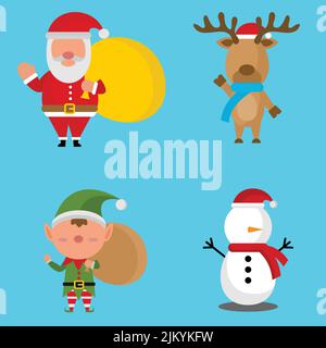 Un set di simpatici personaggi di Natale senza occhi su sfondo blu - santa, renna, elfo, pupazzo di neve Illustrazione Vettoriale