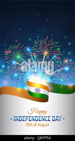 Agosto 15, india giorno di indipendenza, vettore modello bandiera indiana e fuochi d'artificio colorati su sfondo blu notte cielo. India festa nazionale 15th agosto Illustrazione Vettoriale