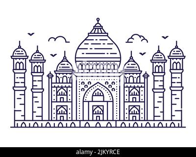 Taj Mahal India Landmark in Line Art Style Illustrazione Vettoriale