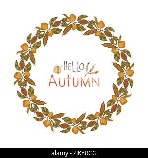 Corona Hello autunno stappato a mano telaio rotondo con rami foglie e iscrizione. Illustrazione vettoriale Illustrazione Vettoriale