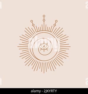 Logo spirituale boho. Simbolo della linea solare con occhio e corona. Illustrazione vettoriale isolata. Elemento di design per magia, esoterica, celeste, astrologia Illustrazione Vettoriale