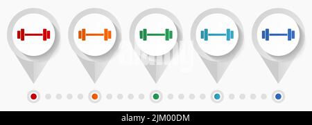 Fitness, palestra, icone vettoriali di concetto sportivo, modello infografico facile da modificare, set di puntatori colorati a disegno piatto per webdesign e applicazioni mobili Illustrazione Vettoriale