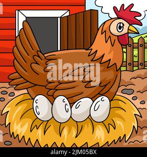 Pollo con uovo colorato Cartoon Illustrazione Illustrazione Vettoriale